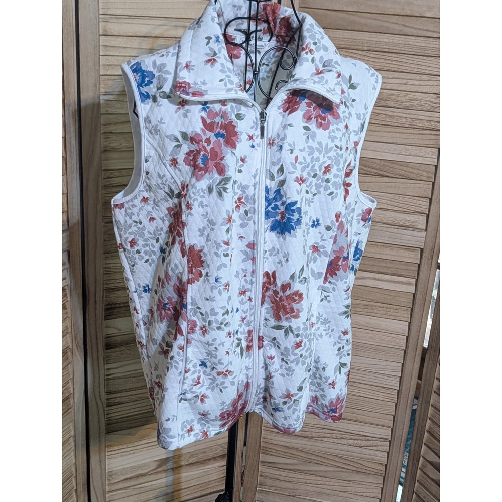hastings & smith quilted vest zipper White Floral Grandma Core zip pockets Sz Xl